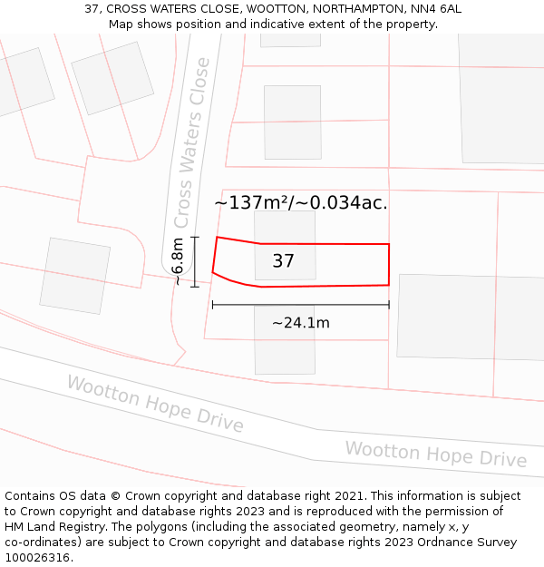 37, CROSS WATERS CLOSE, WOOTTON, NORTHAMPTON, NN4 6AL: Plot and title map