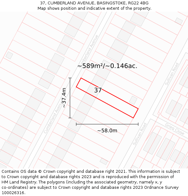 37, CUMBERLAND AVENUE, BASINGSTOKE, RG22 4BG: Plot and title map