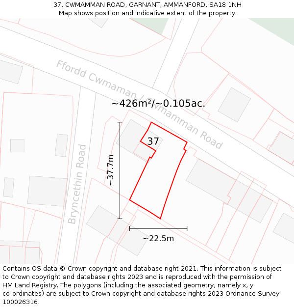 37, CWMAMMAN ROAD, GARNANT, AMMANFORD, SA18 1NH: Plot and title map