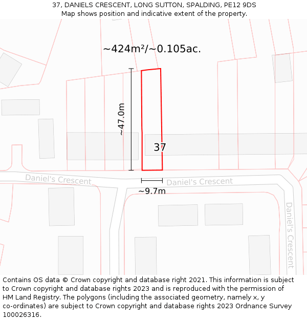 37, DANIELS CRESCENT, LONG SUTTON, SPALDING, PE12 9DS: Plot and title map