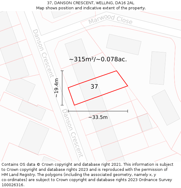 37, DANSON CRESCENT, WELLING, DA16 2AL: Plot and title map