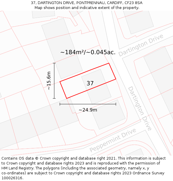 37, DARTINGTON DRIVE, PONTPRENNAU, CARDIFF, CF23 8SA: Plot and title map