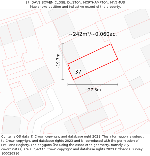 37, DAVE BOWEN CLOSE, DUSTON, NORTHAMPTON, NN5 4US: Plot and title map