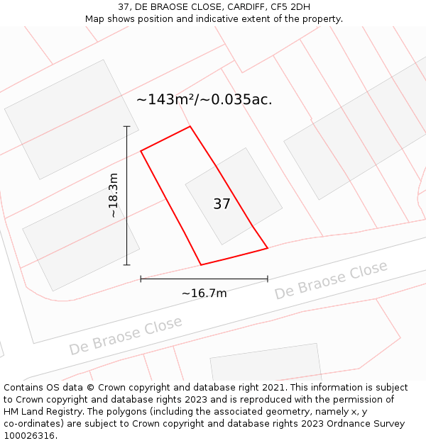 37, DE BRAOSE CLOSE, CARDIFF, CF5 2DH: Plot and title map