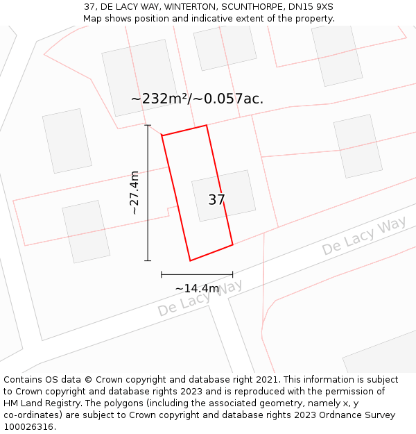 37, DE LACY WAY, WINTERTON, SCUNTHORPE, DN15 9XS: Plot and title map