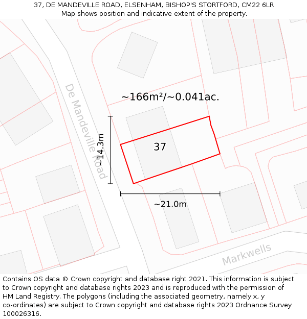 37, DE MANDEVILLE ROAD, ELSENHAM, BISHOP'S STORTFORD, CM22 6LR: Plot and title map
