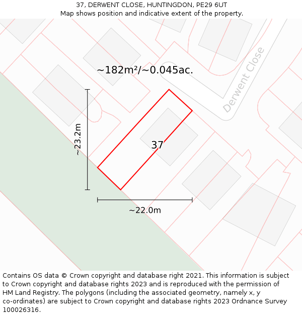 37, DERWENT CLOSE, HUNTINGDON, PE29 6UT: Plot and title map