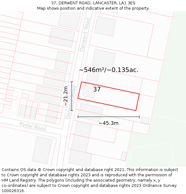 37, DERWENT ROAD, LANCASTER, LA1 3ES: Plot and title map