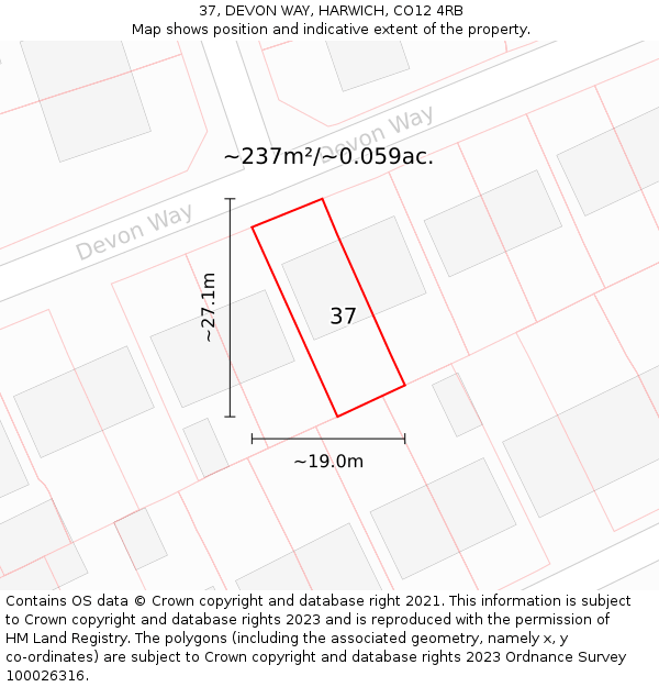 37, DEVON WAY, HARWICH, CO12 4RB: Plot and title map