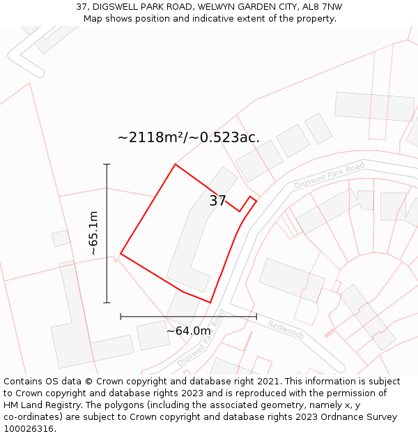 37, DIGSWELL PARK ROAD, WELWYN GARDEN CITY, AL8 7NW: Plot and title map