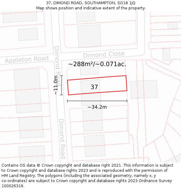 37, DIMOND ROAD, SOUTHAMPTON, SO18 1JQ: Plot and title map