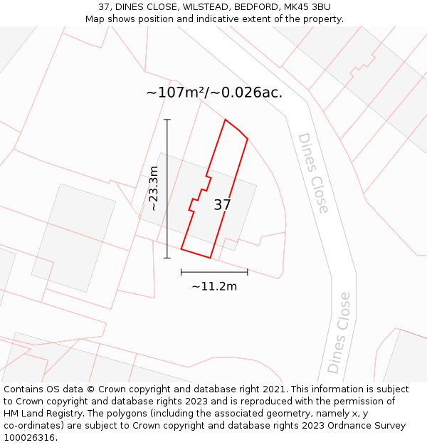 37, DINES CLOSE, WILSTEAD, BEDFORD, MK45 3BU: Plot and title map