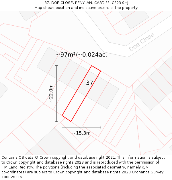 37, DOE CLOSE, PENYLAN, CARDIFF, CF23 9HJ: Plot and title map