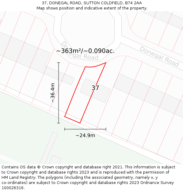 37, DONEGAL ROAD, SUTTON COLDFIELD, B74 2AA: Plot and title map