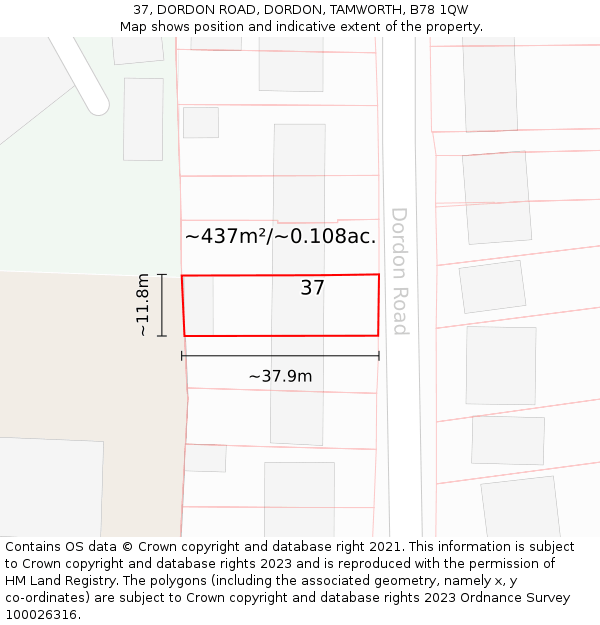 37, DORDON ROAD, DORDON, TAMWORTH, B78 1QW: Plot and title map