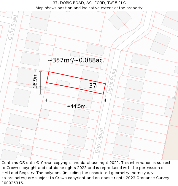 37, DORIS ROAD, ASHFORD, TW15 1LS: Plot and title map