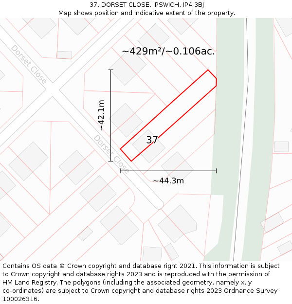 37, DORSET CLOSE, IPSWICH, IP4 3BJ: Plot and title map