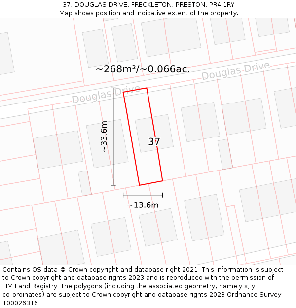 37, DOUGLAS DRIVE, FRECKLETON, PRESTON, PR4 1RY: Plot and title map