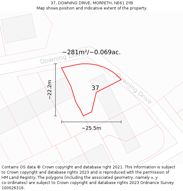 37, DOWNING DRIVE, MORPETH, NE61 2YB: Plot and title map