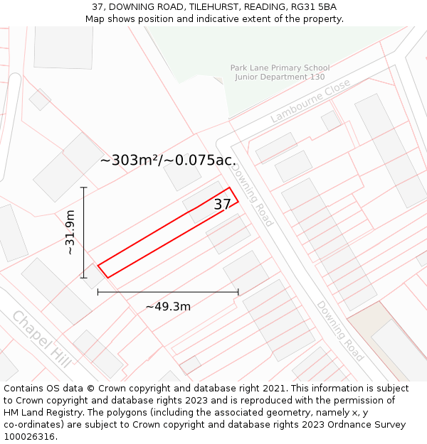 37, DOWNING ROAD, TILEHURST, READING, RG31 5BA: Plot and title map