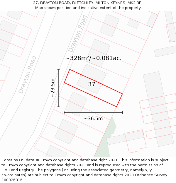 37, DRAYTON ROAD, BLETCHLEY, MILTON KEYNES, MK2 3EL: Plot and title map