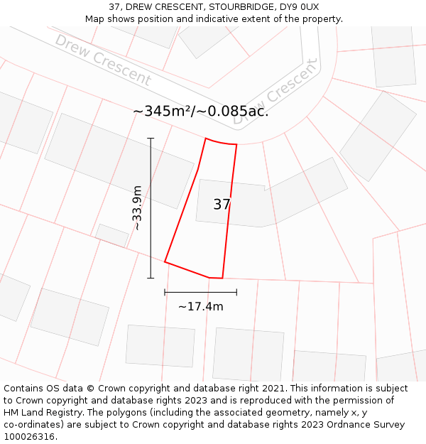 37, DREW CRESCENT, STOURBRIDGE, DY9 0UX: Plot and title map