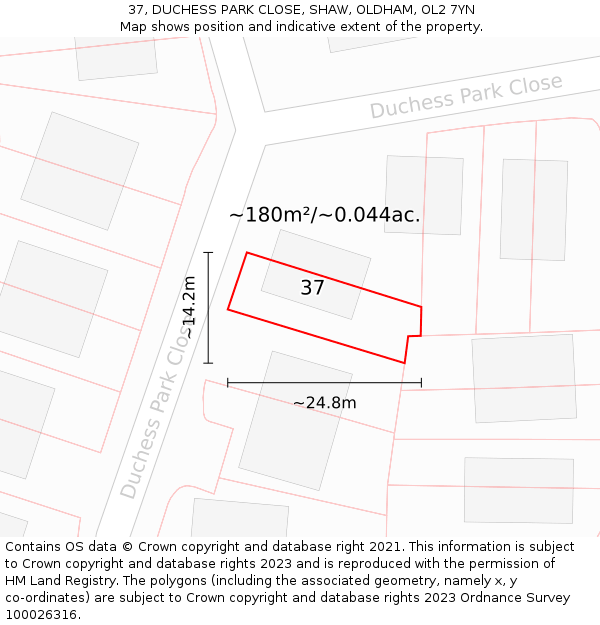 37, DUCHESS PARK CLOSE, SHAW, OLDHAM, OL2 7YN: Plot and title map