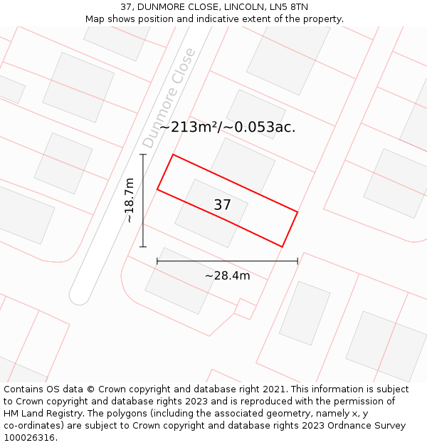 37, DUNMORE CLOSE, LINCOLN, LN5 8TN: Plot and title map