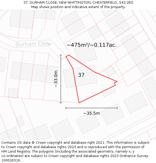 37, DURHAM CLOSE, NEW WHITTINGTON, CHESTERFIELD, S43 2ED: Plot and title map