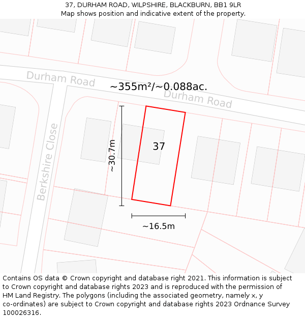 37, DURHAM ROAD, WILPSHIRE, BLACKBURN, BB1 9LR: Plot and title map