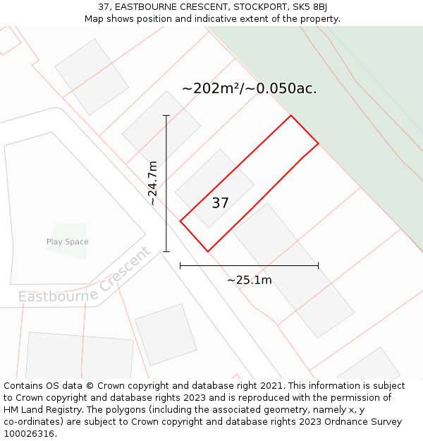 37, EASTBOURNE CRESCENT, STOCKPORT, SK5 8BJ: Plot and title map