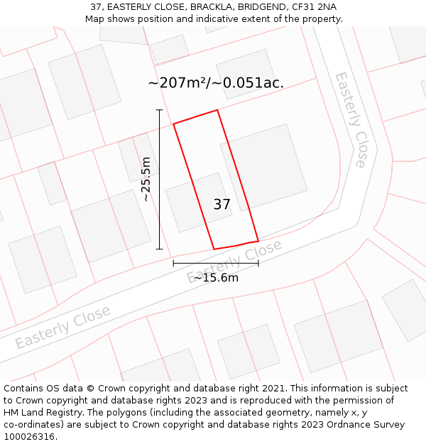 37, EASTERLY CLOSE, BRACKLA, BRIDGEND, CF31 2NA: Plot and title map
