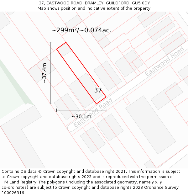 37, EASTWOOD ROAD, BRAMLEY, GUILDFORD, GU5 0DY: Plot and title map