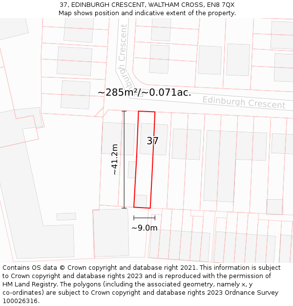 37, EDINBURGH CRESCENT, WALTHAM CROSS, EN8 7QX: Plot and title map