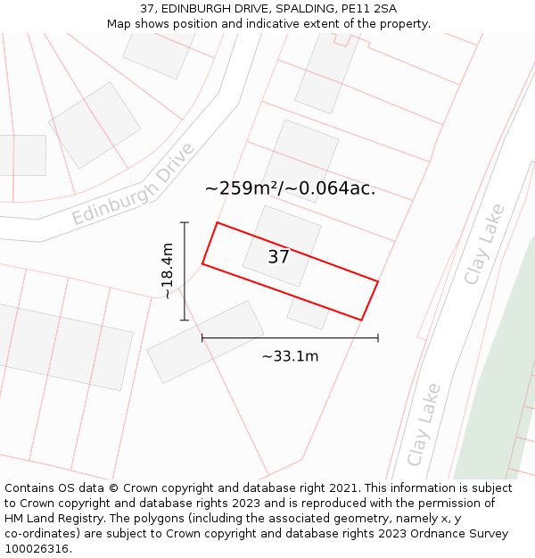 37, EDINBURGH DRIVE, SPALDING, PE11 2SA: Plot and title map