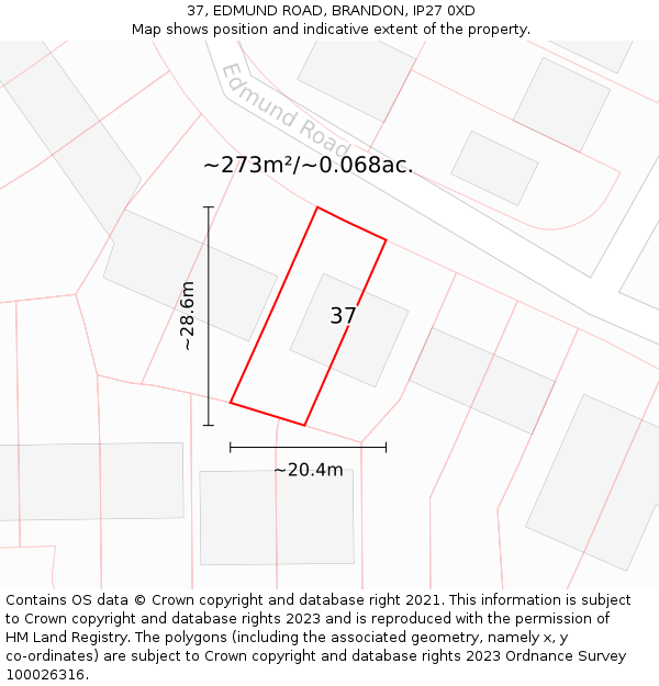 37, EDMUND ROAD, BRANDON, IP27 0XD: Plot and title map