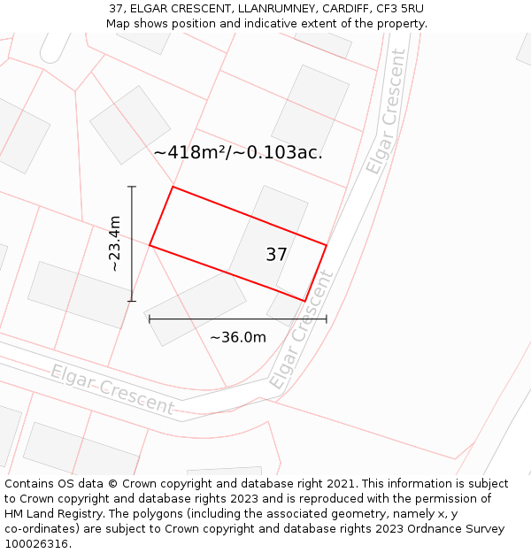 37, ELGAR CRESCENT, LLANRUMNEY, CARDIFF, CF3 5RU: Plot and title map