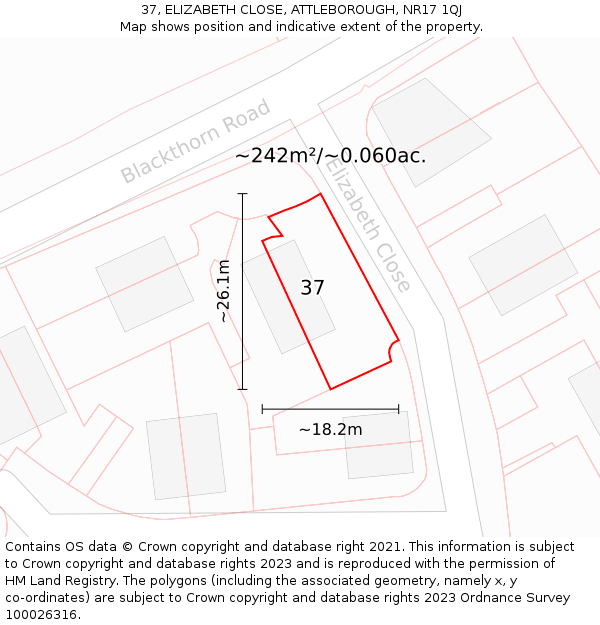 37, ELIZABETH CLOSE, ATTLEBOROUGH, NR17 1QJ: Plot and title map