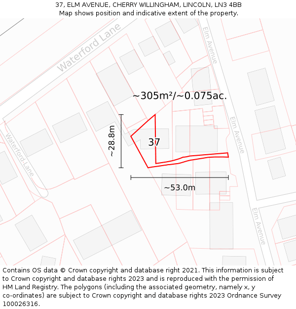 37, ELM AVENUE, CHERRY WILLINGHAM, LINCOLN, LN3 4BB: Plot and title map