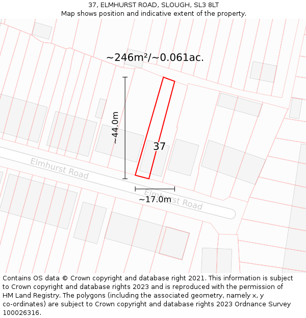 37, ELMHURST ROAD, SLOUGH, SL3 8LT: Plot and title map