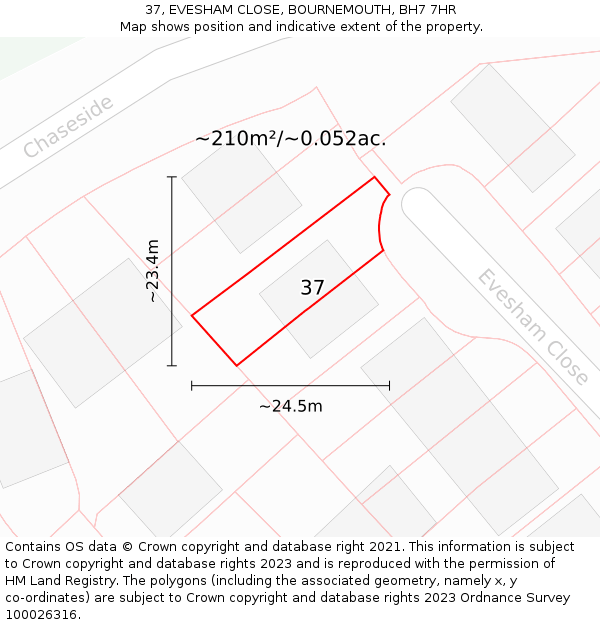 37, EVESHAM CLOSE, BOURNEMOUTH, BH7 7HR: Plot and title map