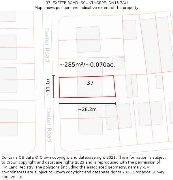 37, EXETER ROAD, SCUNTHORPE, DN15 7AU: Plot and title map