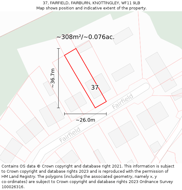 37, FAIRFIELD, FAIRBURN, KNOTTINGLEY, WF11 9LB: Plot and title map