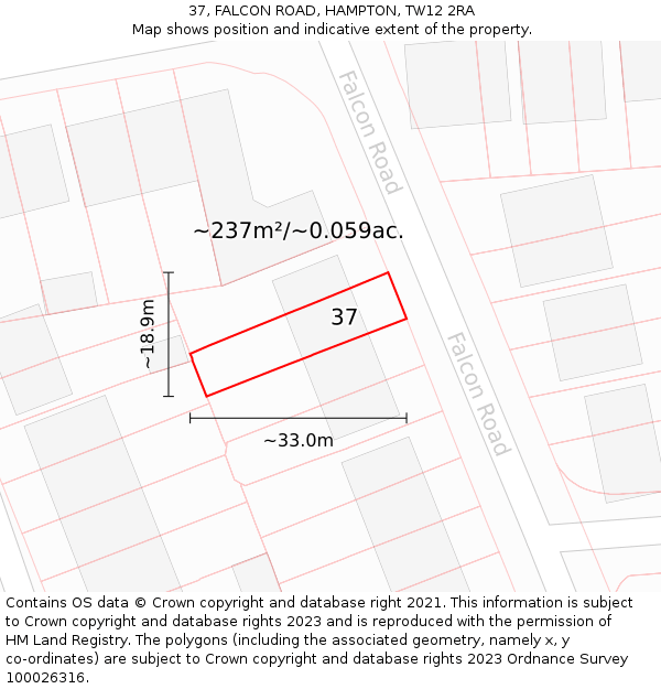 37, FALCON ROAD, HAMPTON, TW12 2RA: Plot and title map