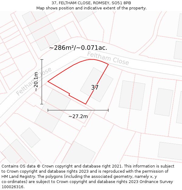 37, FELTHAM CLOSE, ROMSEY, SO51 8PB: Plot and title map
