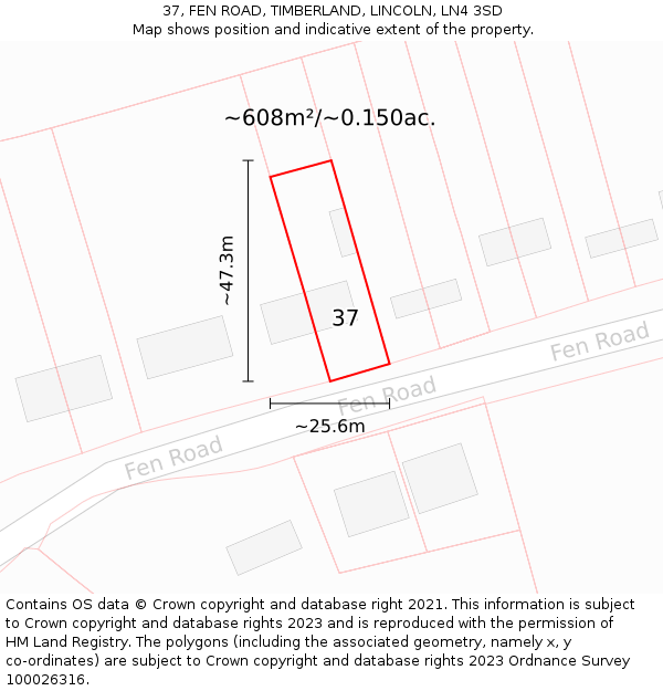 37, FEN ROAD, TIMBERLAND, LINCOLN, LN4 3SD: Plot and title map