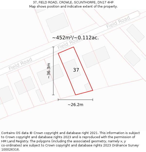 37, FIELD ROAD, CROWLE, SCUNTHORPE, DN17 4HP: Plot and title map