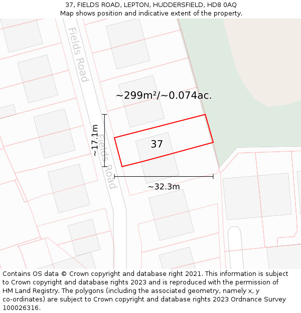 37, FIELDS ROAD, LEPTON, HUDDERSFIELD, HD8 0AQ: Plot and title map