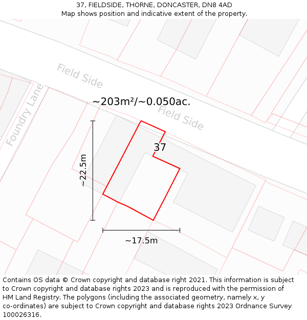 37, FIELDSIDE, THORNE, DONCASTER, DN8 4AD: Plot and title map