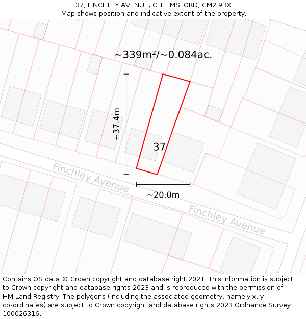 37, FINCHLEY AVENUE, CHELMSFORD, CM2 9BX: Plot and title map